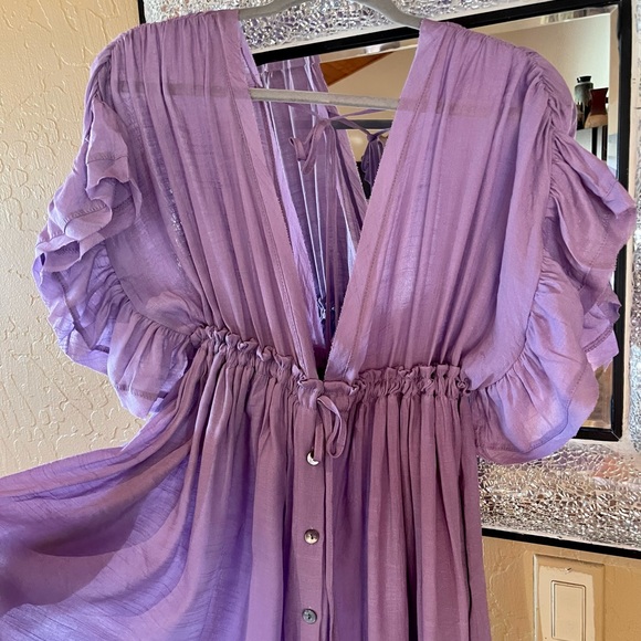 Butterfly Orchid Boho Gauze Button Front Flutter Maxi Dress W/Adjustable Ties - Picture 10 of 11